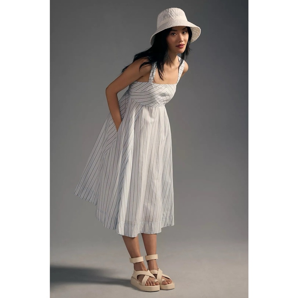 Anthropologie‎ Pilcro Square-Neck Babydoll Midi Dress in Blue & White Stripe